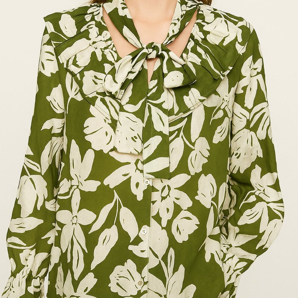 ZARA Green with‎ White Floral Print Cascading Ruffle Sheer Blouse Size XS